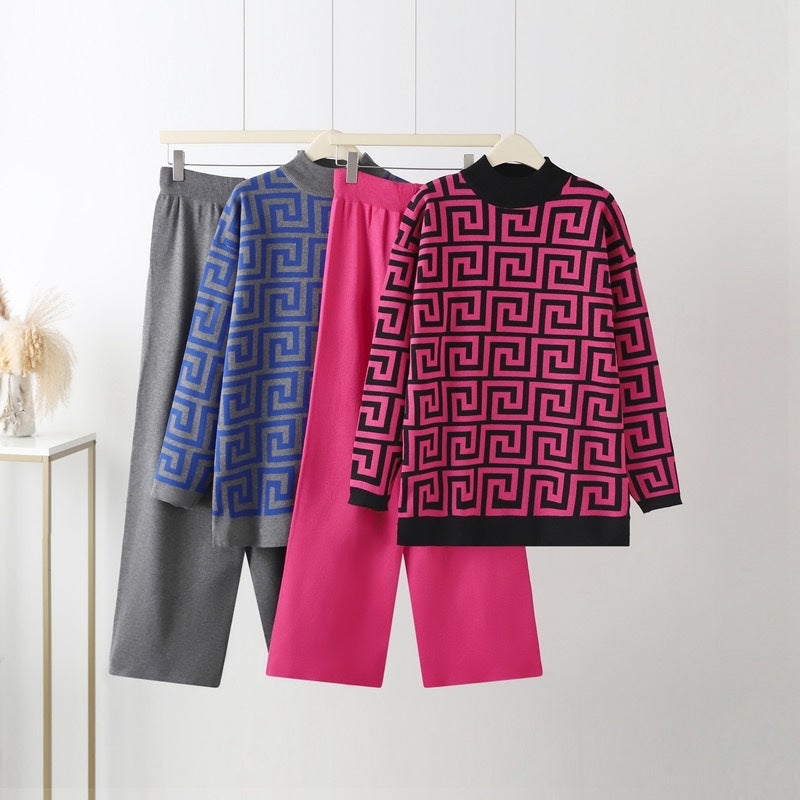 Fashionsuitk-stylelong sleeves stand collar loose jacquard knittingsweatertwo-piece sethigh waistslimming lookstraight-legloose pants