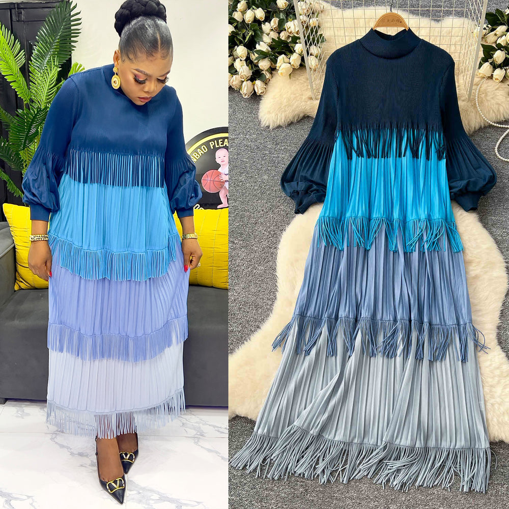 Miura european and american fashion dress women's  spring high-end lantern sleeve loose slimming color block tassel maxi dress