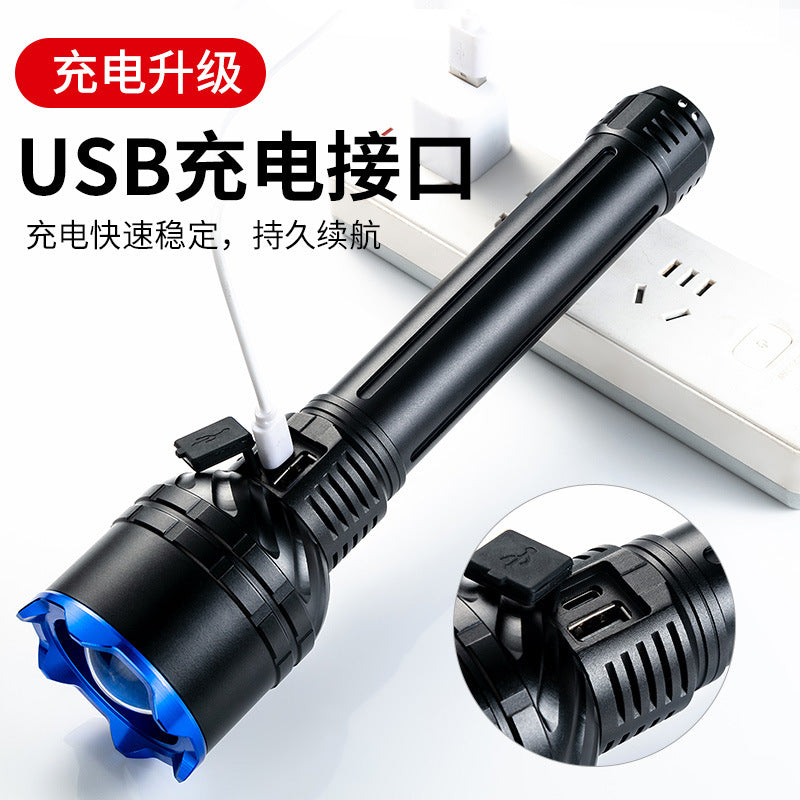 Cross-border new XHP90 strong light Type-C charging, telescopic zoom white laser LED power display flashlight