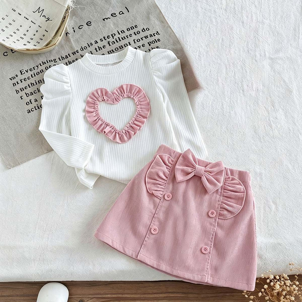 new cross-border girls' fashion set: european & american style princess sleeve heart print top + corduroy skirt, infant/toddler two-piece outfit