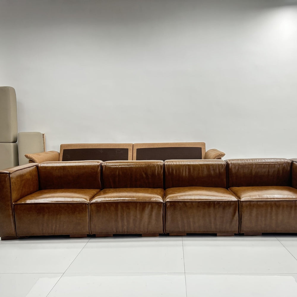 American retro sofa cigar bar living room small apartment straight row genuine leather sofa tofu block sofa module new style