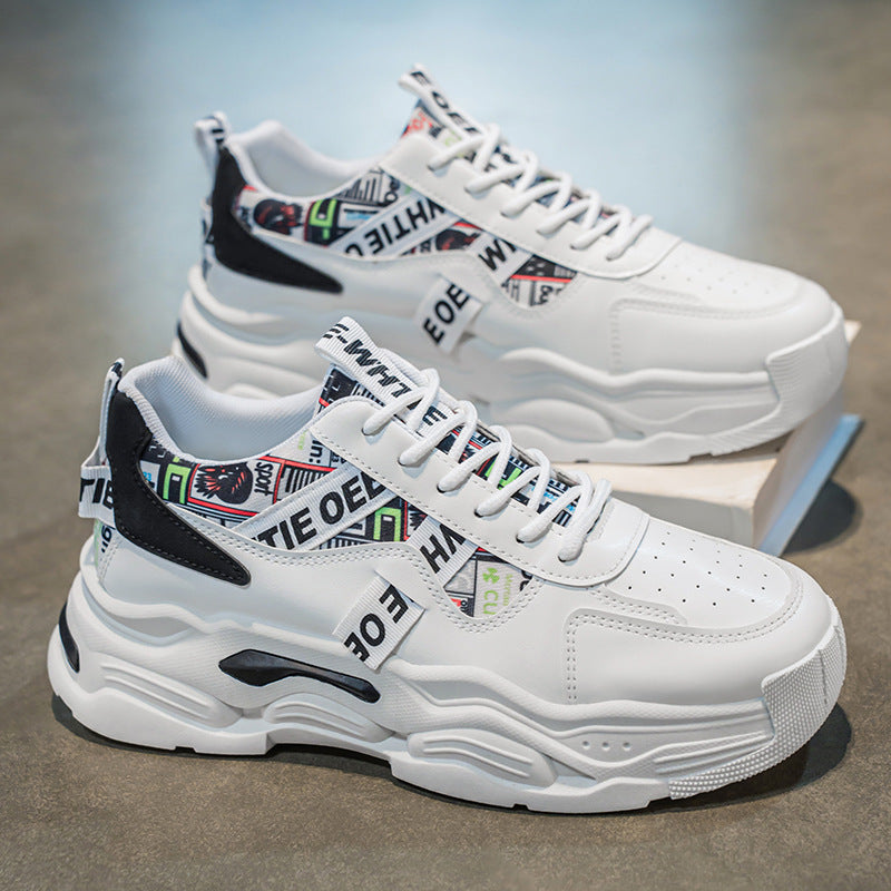 2025 spring new men's breathable white sneakers, trendy versatile chunky sole athletic shoes, casual dad shoes