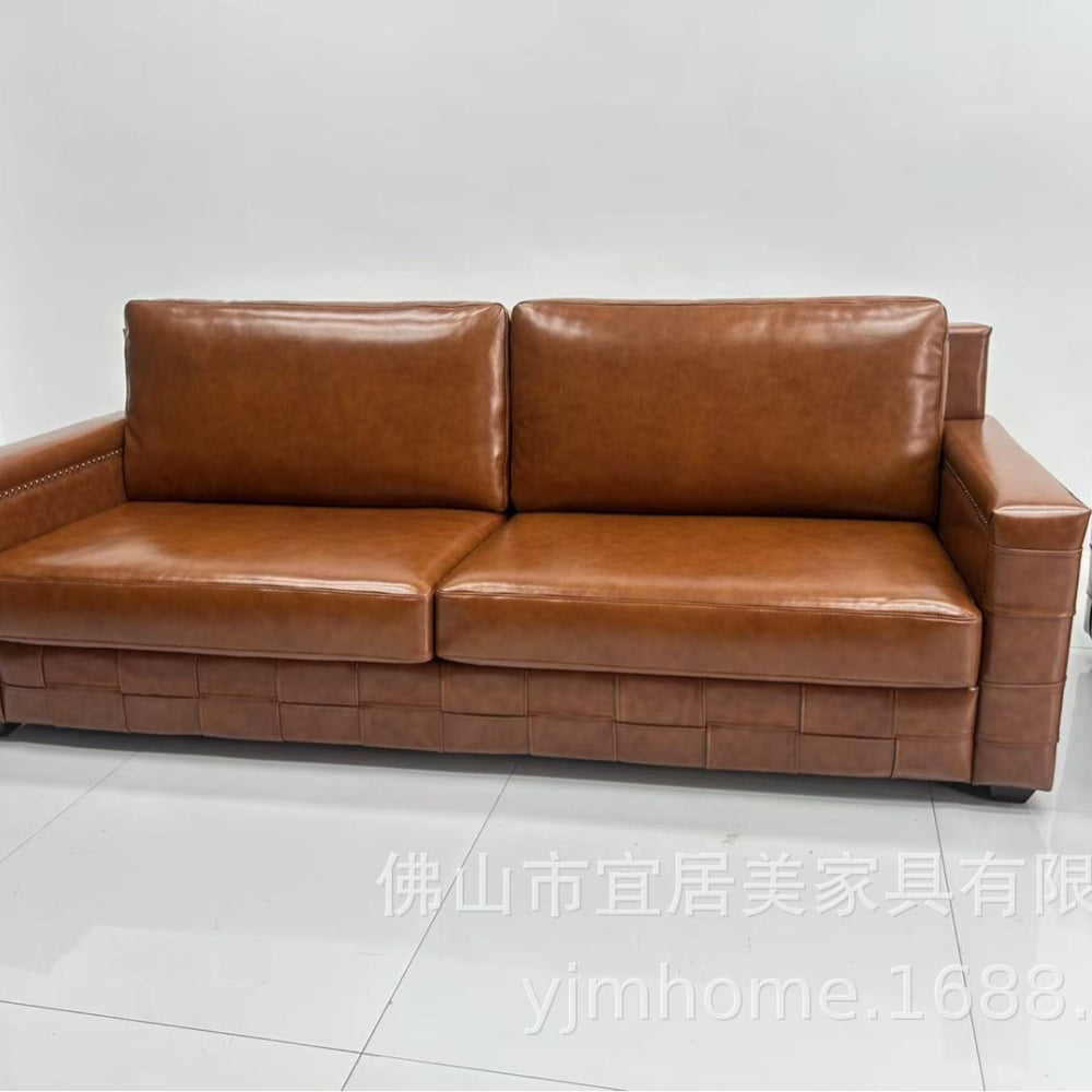 Vintage-style oiled leather checkered sofa, retro leather art sofa, designer living room straight three-seater sofa