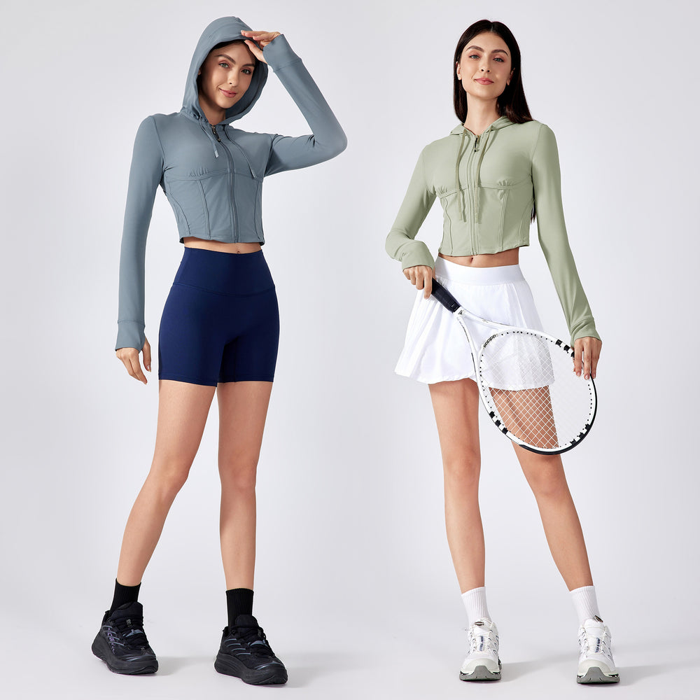 New women's outdoor sports & fitness apparel: slim-fit, short yoga jacket with hood and drawstring – daw184
