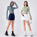 New women's outdoor sports & fitness apparel: slim-fit, short yoga jacket with hood and drawstring – daw184
