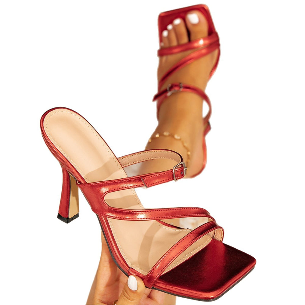 Women's red high-heeled sandals - fashionable party slip-ons, square toe, comfortable and minimalist high heels for women