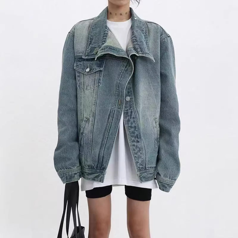 Fashion cross-border  asymmetrical washed denim outwearlooseniche stylesense of designshort lapeltops for women