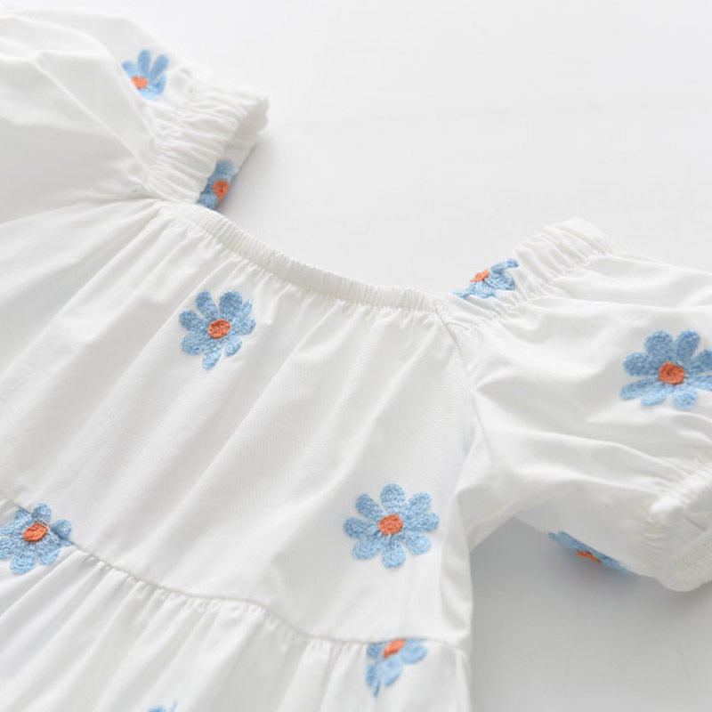 Girls' dress - new cross-border summer collection - white daisy print dress - toddler & little girl lantern sleeve cotton a-line dress