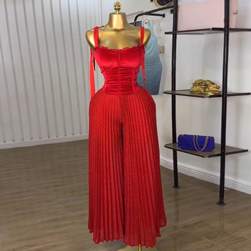 European and american cross-border women's fashion  summer new arrival: elegant bowknot camisole top and pleated wide-leg pants fashion set