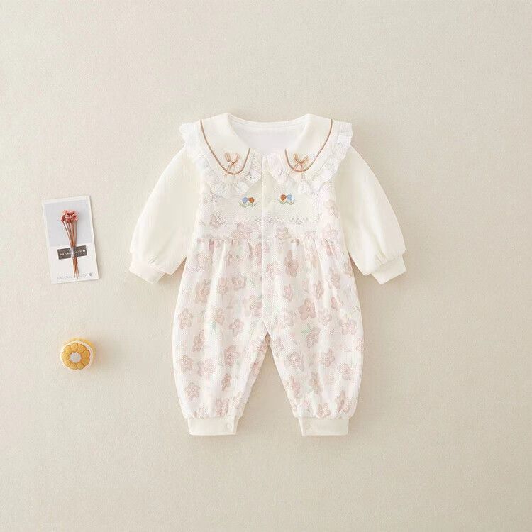 Baby clothes spring romper girl baby bodysuit double layer outwear spring autum super cute full month princess haki