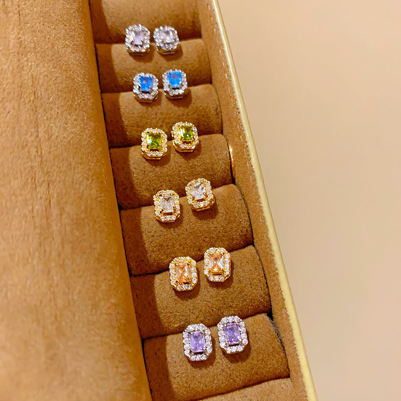 Exquisite sparkling colorful zircon stud earrings - korean style, unique design, delicate earrings, everyday versatile, ear-friendly jewelry