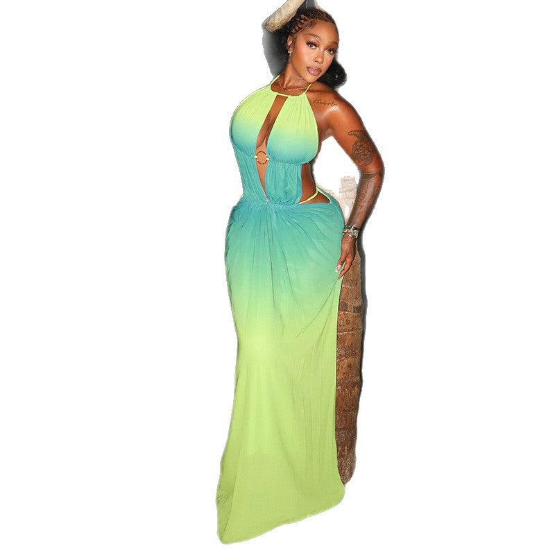 European and american style cross-border women's clothing - gradient color block tie-waist bodycon dress with open back, party wrap, halter neck maxi dress