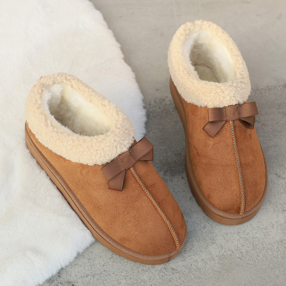 Winter fleece-lined snow boots with bow detail - anti-slip, warm, plus size, export quality, northeast china cotton shoes