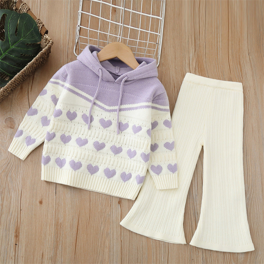 Girls' sweater two-piece set:  autumn/winter new collection - knitted hoodie and pants set for mid-sized children