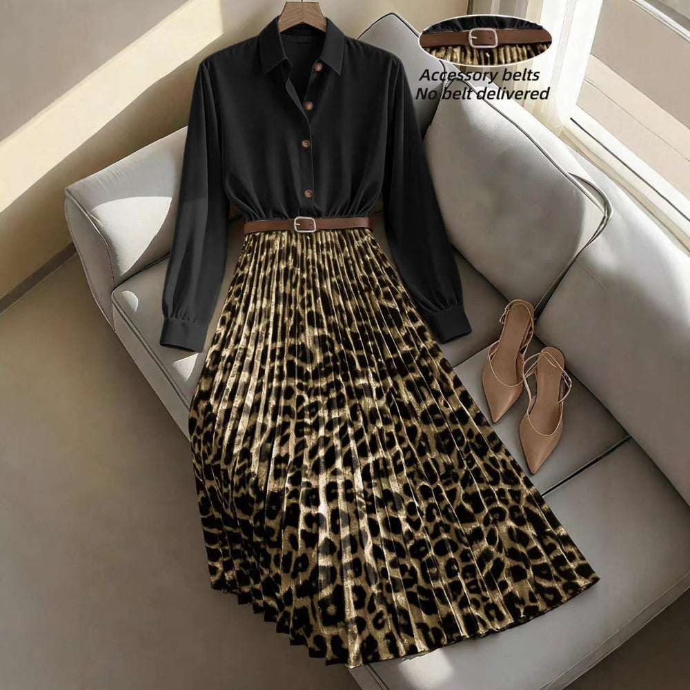 Ready-to-ship  new arrival: women's elegant leopard print patchwork pleated skirt h-line waist slimming dress - dropshipping available