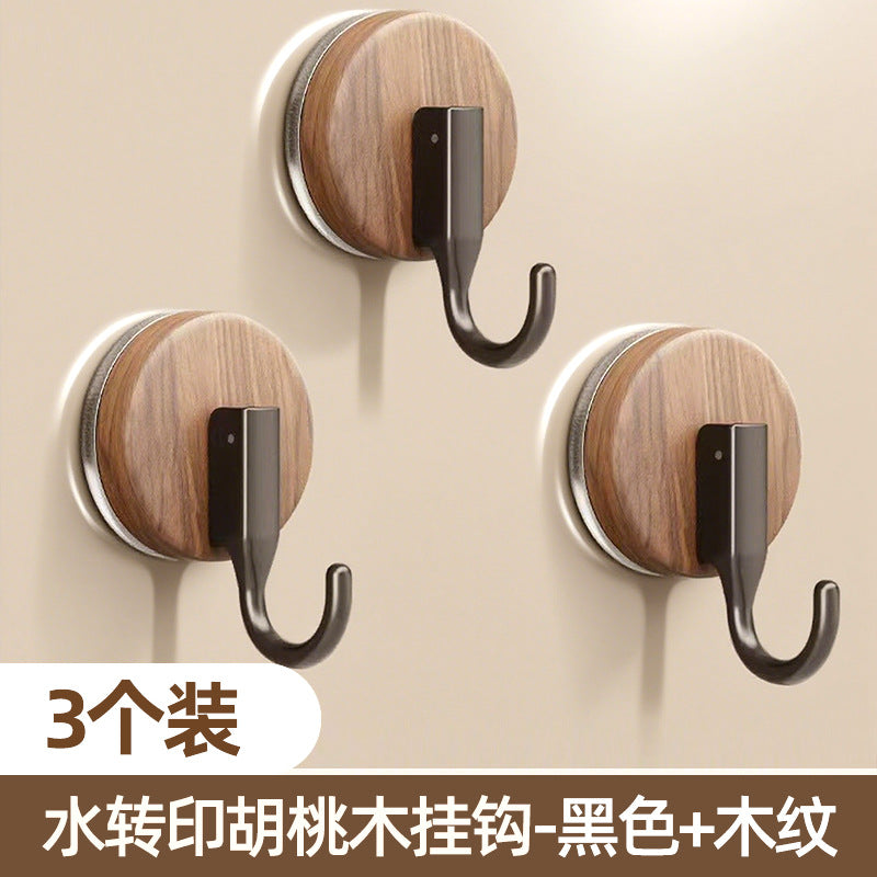 Walnut wood grain suction cup hooks - no drilling, heavy duty, over-the-door organizer for backpacks, hats, bathroom storage