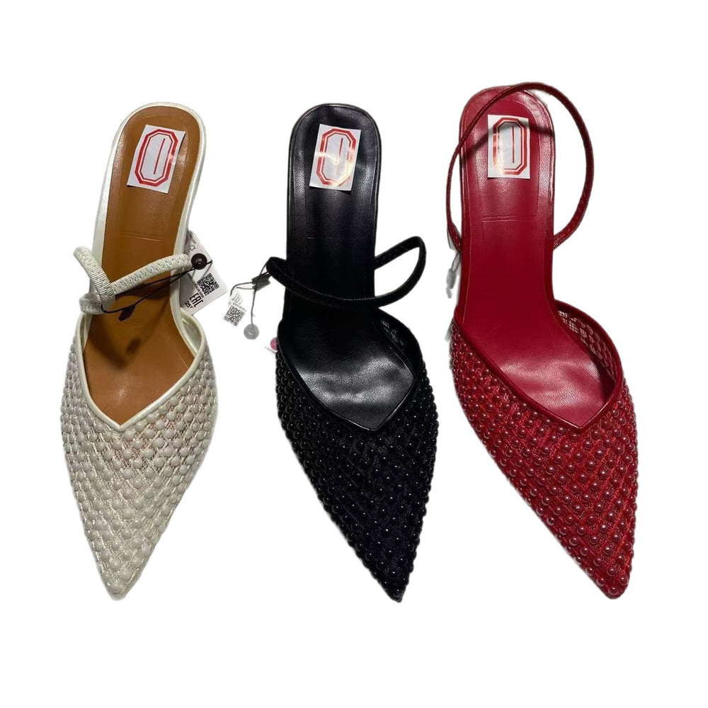 Za2025 summer new korean style red mesh beaded fashionable versatile high heel pointed toe closed-toe mule sandals