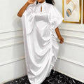White satin stand collar lace cut outdress looseasymmetrical drawstring slit elegant african robe skirt