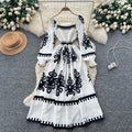 Vintage print long sleeve korean style square neck dress - women's summer a-line bohemian maxi dress with cinched waist