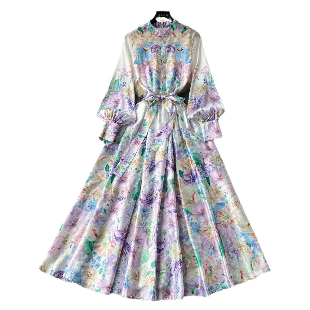 Palace retrofrenchclassydress women's long waist strap stand collar lantern long sleeves printingdress