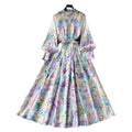 Palace retrofrenchclassydress women's long waist strap stand collar lantern long sleeves printingdress
