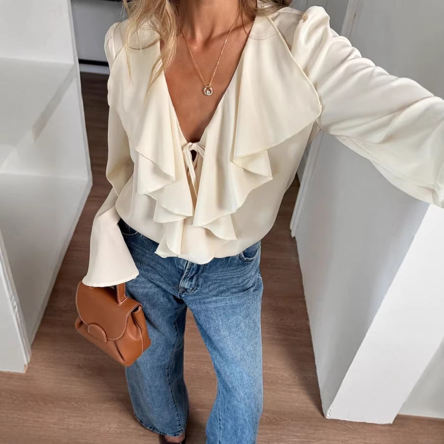 spring new arrivals: european & american style women's solid color blouse - sweet, gentle, v-neck, ruffle trim, slim fit, and figure-flattering