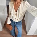 spring new arrivals: european & american style women's solid color blouse - sweet, gentle, v-neck, ruffle trim, slim fit, and figure-flattering