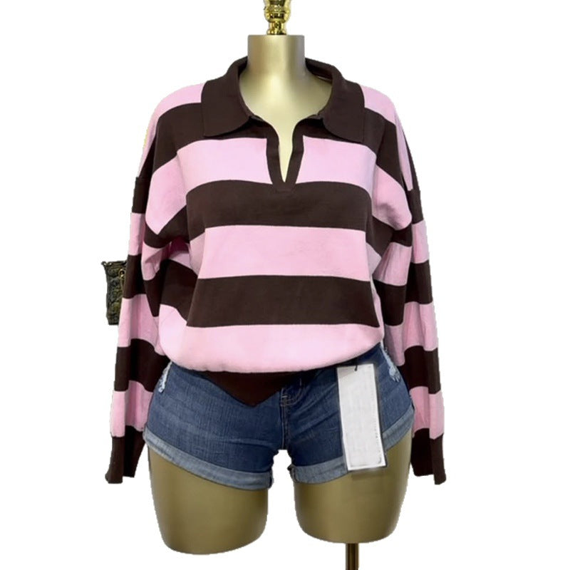European and american cross-border women's spring  new arrival: casual turn-down collar color block striped loose fit polo shirt long sleeve top