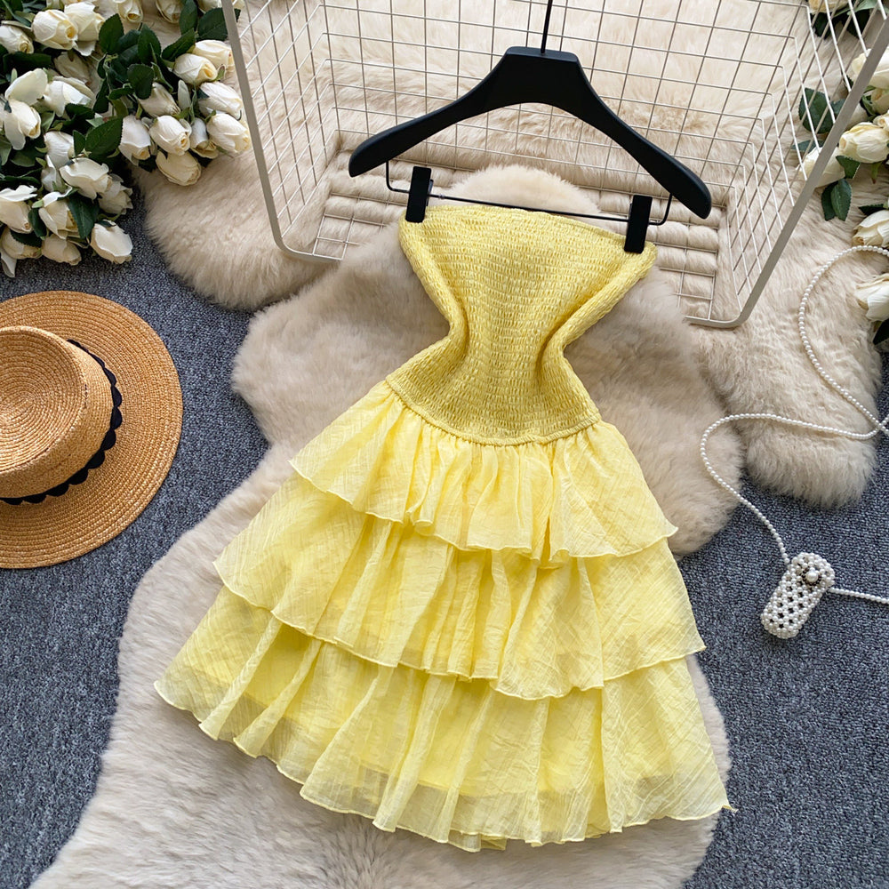 French sweet style bandeau sleeveless dress - women's summer yellow ruffle cake dress - slimming, elegant, petite-friendly
