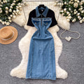 Korean style commute chic denim patchwork faux two-piece dress - women's summer short sleeve slimming a-line denim maxi dress
