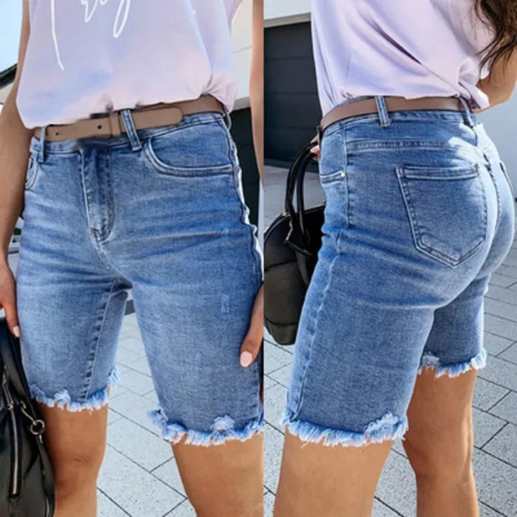 Amazon  hot selling denim mid-length shorts women's summer ins trendy high-waisted frayed straight-leg capri jeans