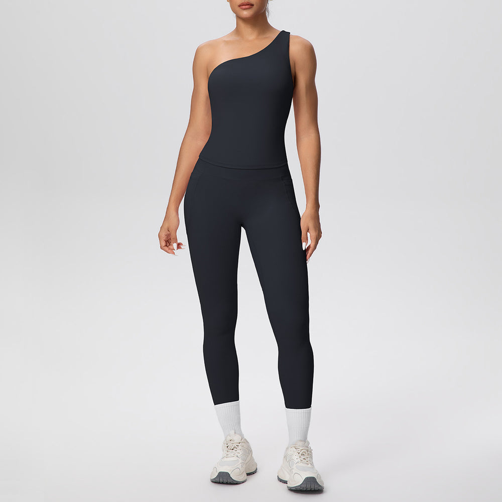 Sexy one-shoulder activewear set: high-waisted, figure-hugging leggings with pockets - perfect for outdoor leisure, running, fitness, and yoga