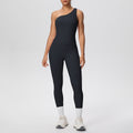 Sexy one-shoulder activewear set: high-waisted, figure-hugging leggings with pockets - perfect for outdoor leisure, running, fitness, and yoga