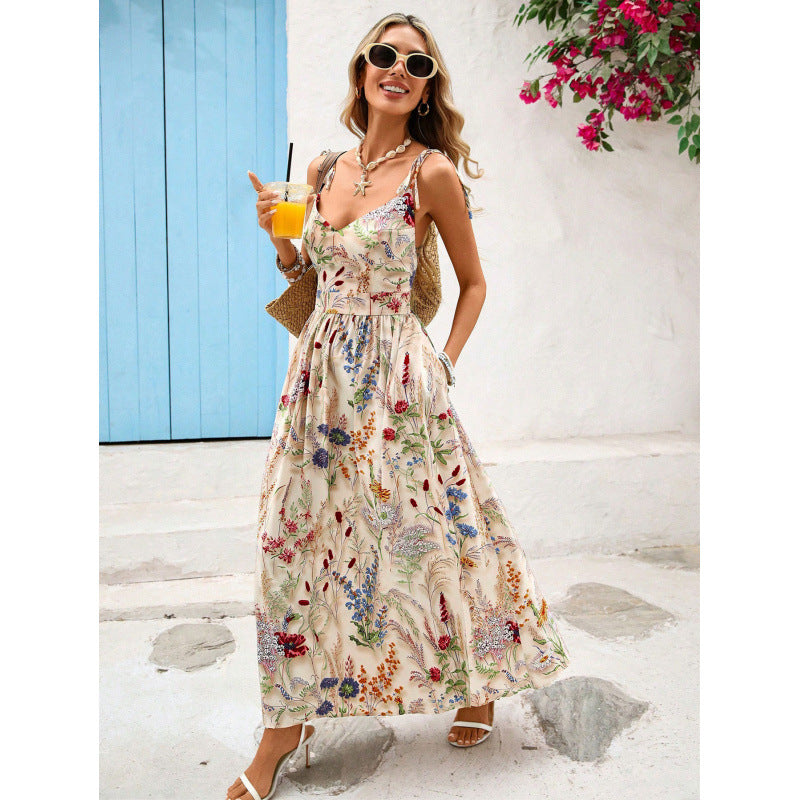 european and american women's printed v-neck cami dress with cinched waist and flared sleeveless design – perfect for beach vacations and everyday wear