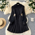 Black suit collar dress for women, 2024 autumn collection, high-end double-breasted design, cinched waist, long sleeves, pleated little black dress, mini skirt
