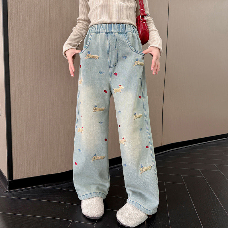 【wholesale order】new girls' denim kids' spring/autumn loose straight-leg washed soft denim casual versatile pants
