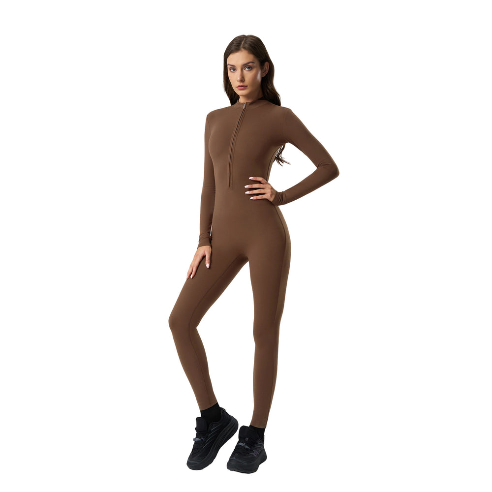 European and american nude feel zipper long sleeve yoga bodysuit high elasticity breathable fitness activewear one-piece tight dlt004