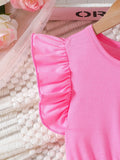 Summer girls' pink flutter sleeve dress with heart print, cartoon bear, cute kids' fashion a-line skirt for export