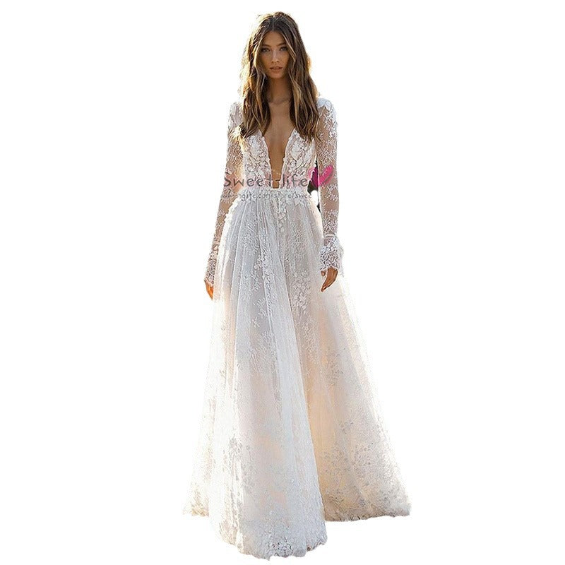 cross-border e-commerce women's wedding dress  sexy lace long sleeve vacation dress evening party gown spring