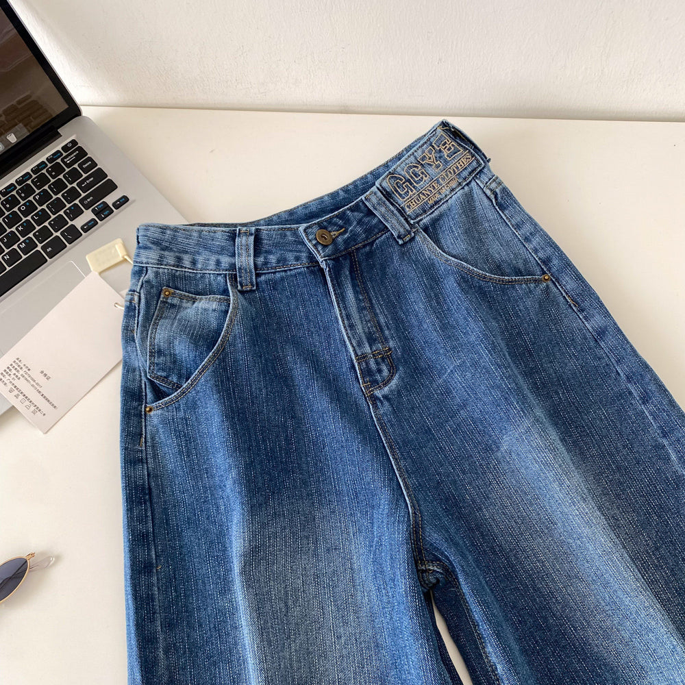 Lazy feeling new arrivalhigh waist wide leg denim half length pants women's summercasualcasuallooseslimming lookeasiest for matchstraight-leg pants