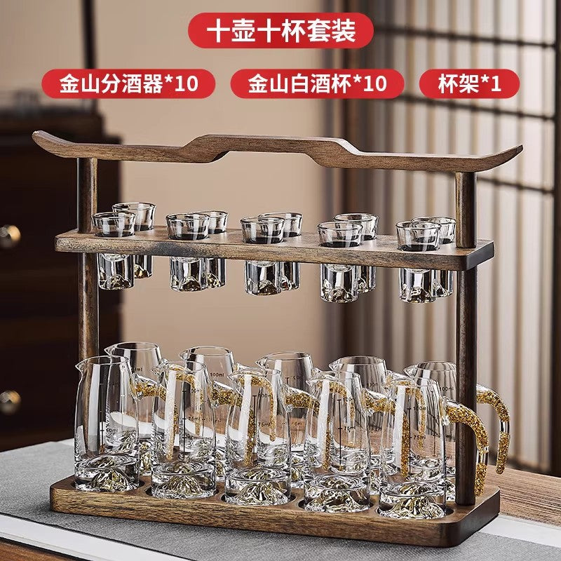 High-end acacia wood white wine glass set - home use, light luxury crystal glass shot glasses, gold foil wine pourer, barware set
