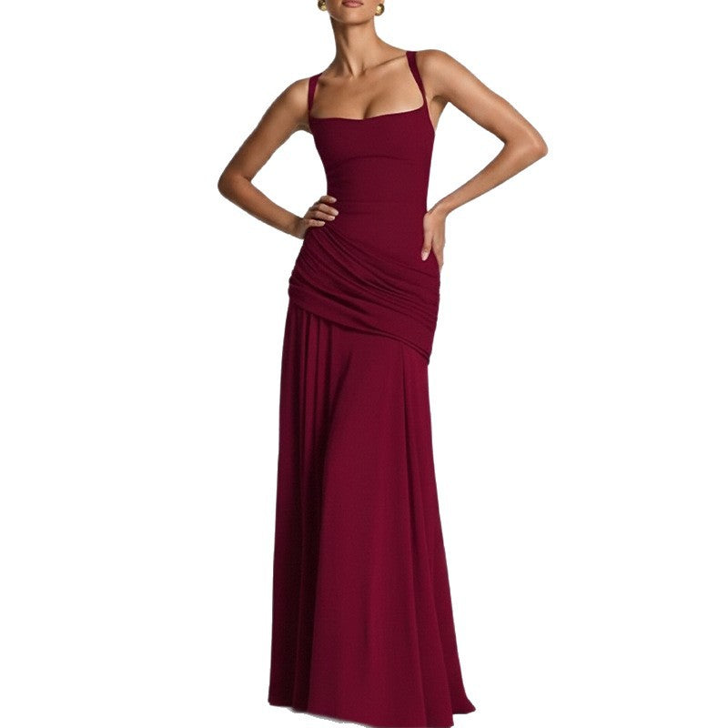european and american summer new arrival: cross-border women's fashion - elegant solid color sleeveless cinched waist swing dress with spaghetti straps