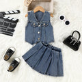 European and american cross-border children's wear: girls' summer denim vest top and pleated skirt two-piece set for toddlers and young children