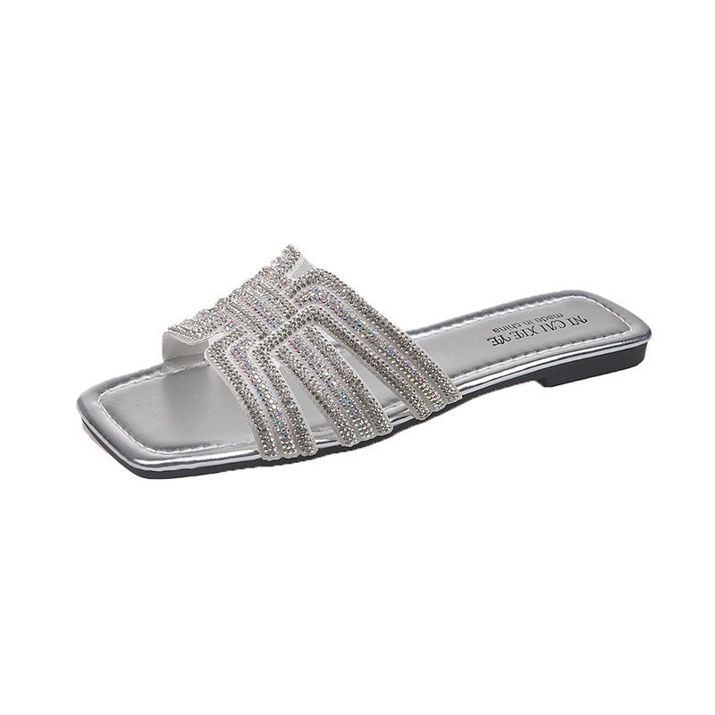 plus size cross-border flat slippers women's summer outwear full diamond one-line casual beach vacation sandals women's wholesale