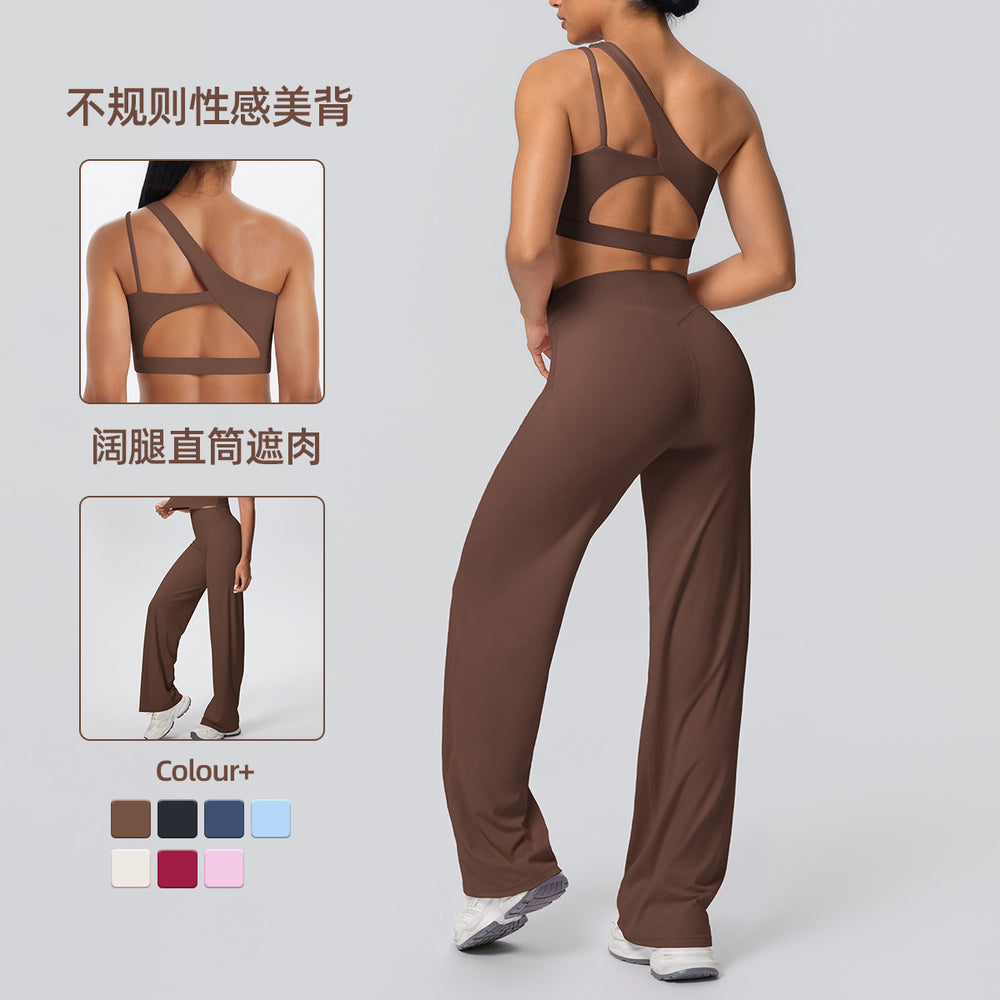 fashion double-sided nylon brushed single-shoulder yoga suit sports running fitness wide-leg two-piece set for women