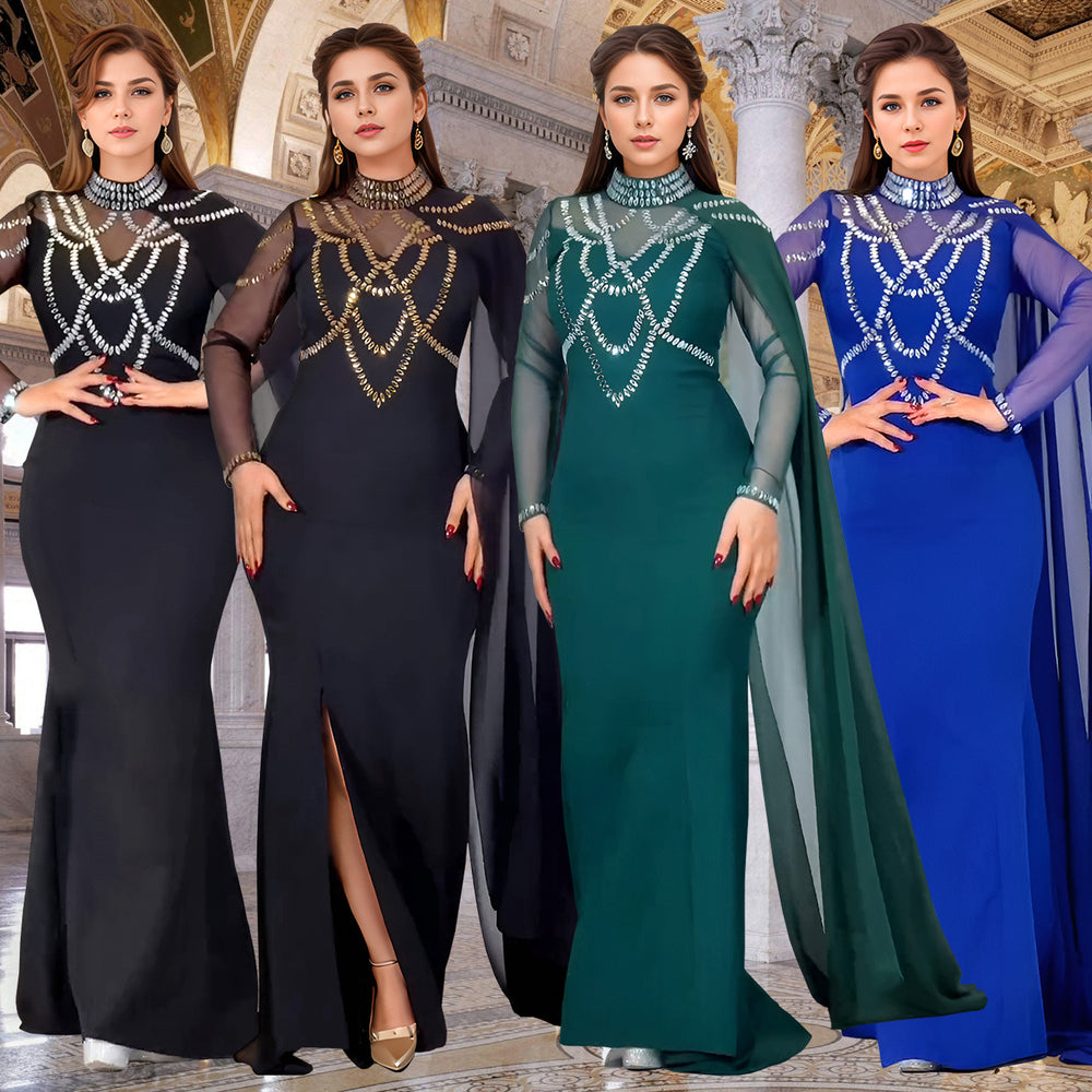 C7260 cross-border   fashion women's elegant rhinestone slim-fit sleeveless shawl dress