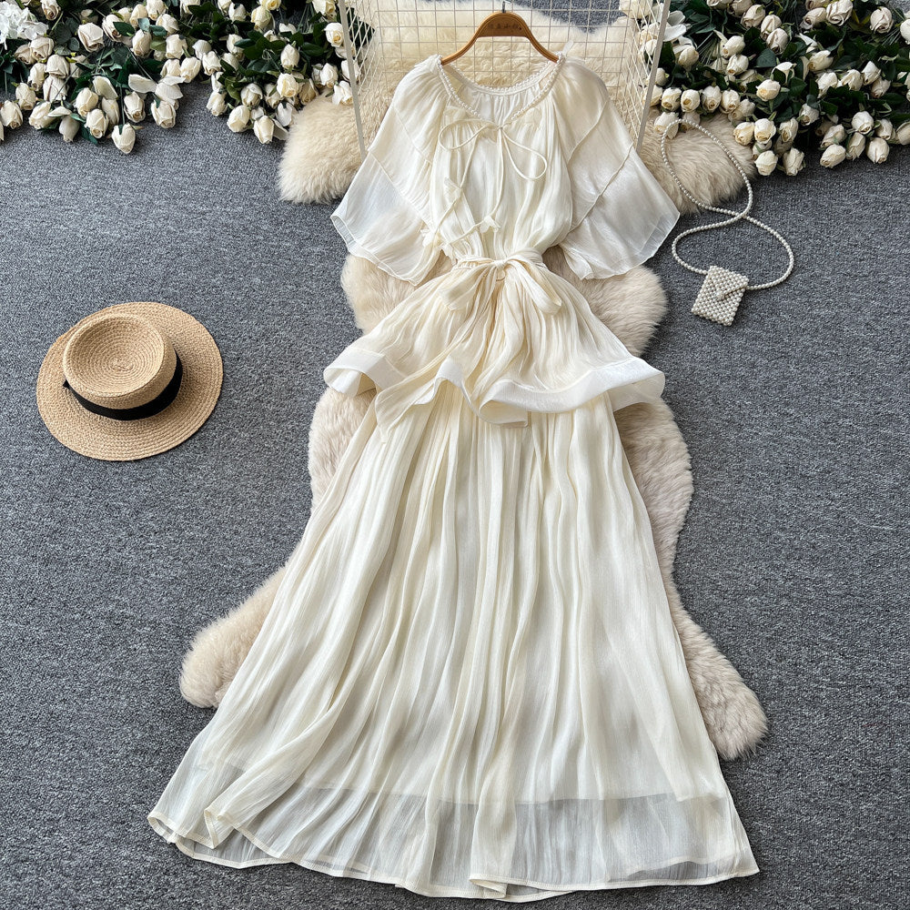 Thousand gold wind pressure pleated elegancenobledress women's summer strap waist slimming look a-line large swing skirt orange classy