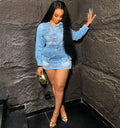 European and american style stretch denim dress -  cross-border fashion women's multi-pocket washed denim mini dress