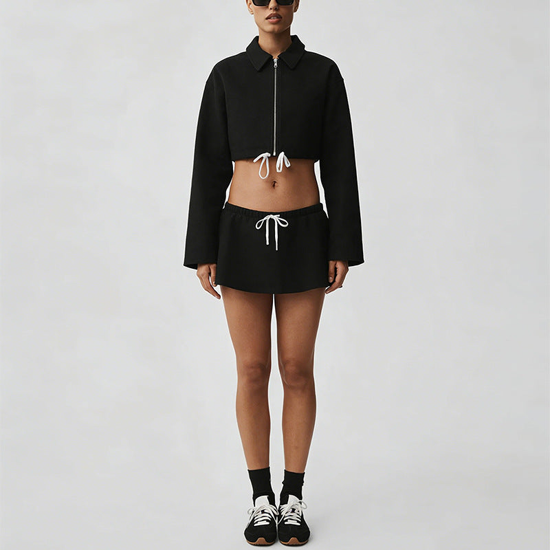 new arrival cotton mixed draped loose waist cord breathable stand collar zipper outwear short skirt casual sports suit
