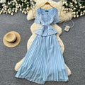 Xiaoxiangfeng pink socialite style lacedress female summerk-stylev neck waist pleated long skirt eleganceslimming look